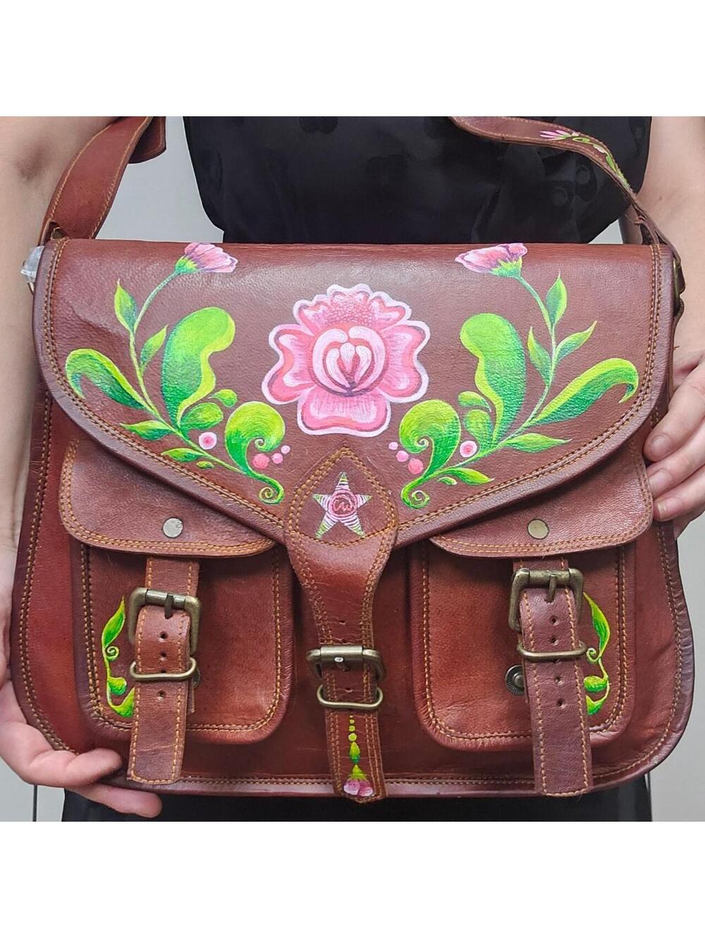 handmade leather messenger bag, Hand painted